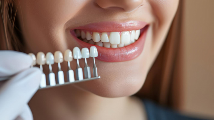 veneer color shades hold in front of a person teeth, representing preparing teeth before veneers.