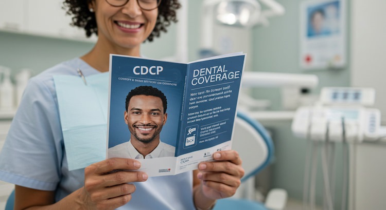 A smiling adult holding a dental CDCP coverage brochure while sitting in a dental clinic waiting area.