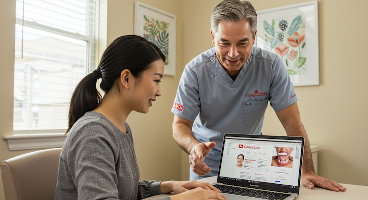 a dentist is helping a patient checking updates for the cdcp through its website.