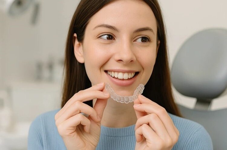 A realistic picture of a patinet and invisalign
