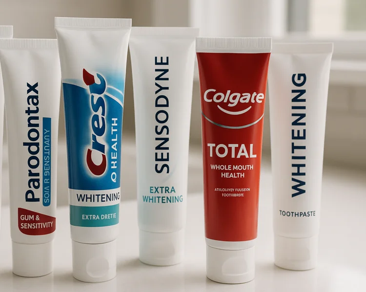 A picture of 5 different toothpastes