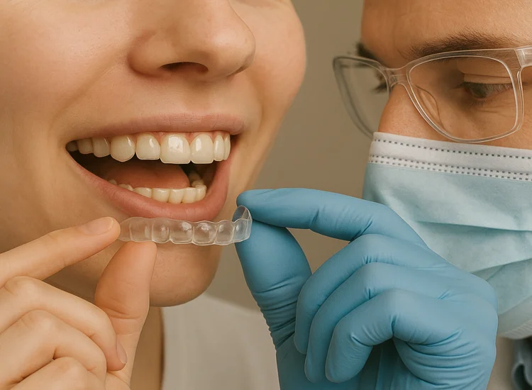 A picture of a dentist holding up invisalign close to patient's mouth