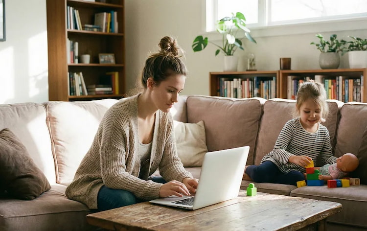 a woman is checking her CDCP eligibility using a laptop, while her child is playing next to her.