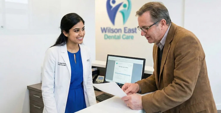 a patient is getting help with CDCP renewal from one of our dental team memeber at Wilson East Dental Care.