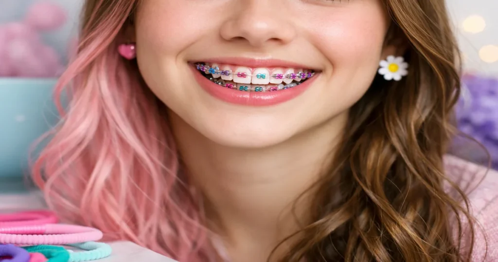A picture of a girl with colorful braces