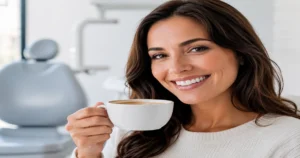A picture of a woman with white teeth drinking coffee